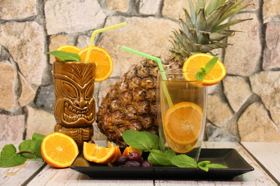 fresh fruits and tiki themed cup