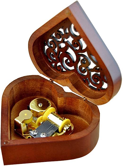 WESTONETEK Heart Shaped Vintage Wood Carved Mechanism Musical Box Wind Up Music Box