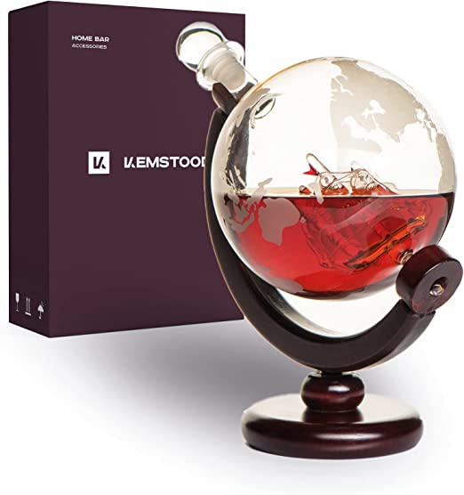 Whiskey Globe Decanter Set with Etched World Map by Kemstood