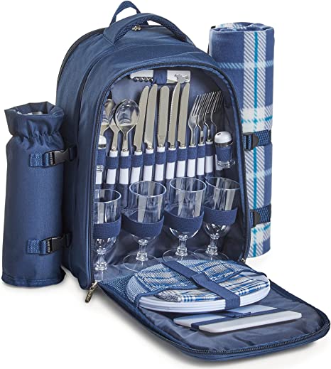 VonShef 4 Person Outdoor Picnic Backpack Bag Set