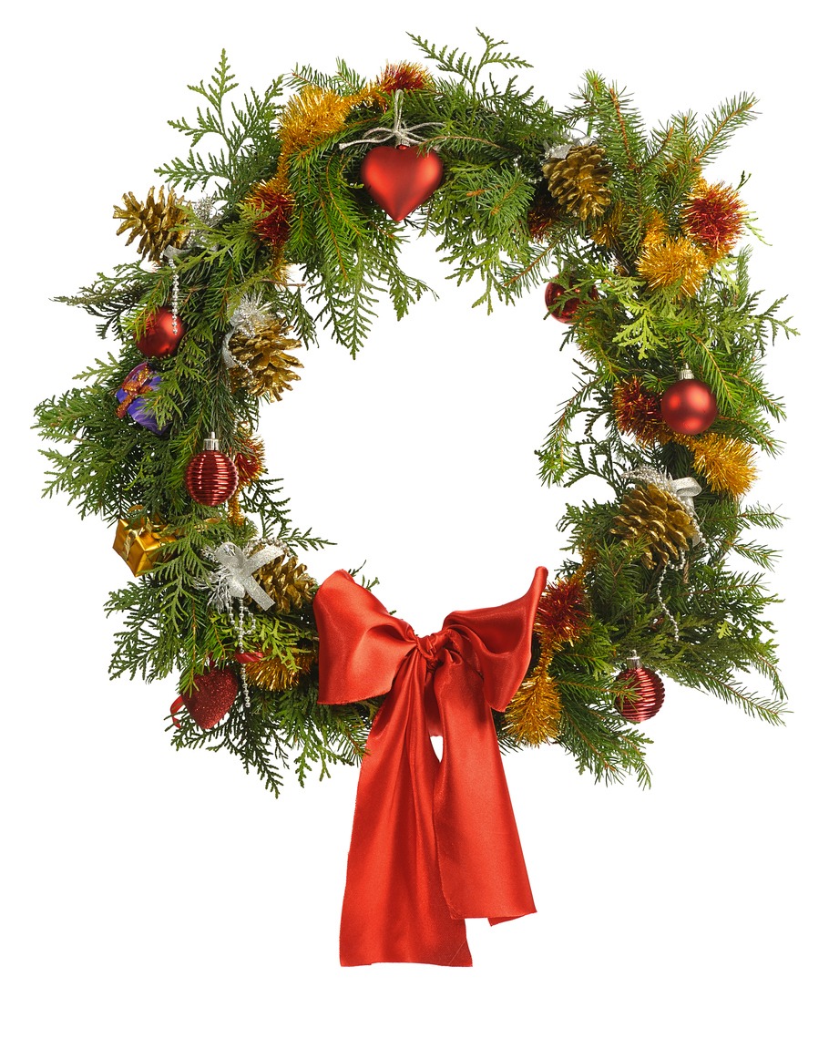 Christmas wreath with metallic accents in its bow and magnolia leaves 