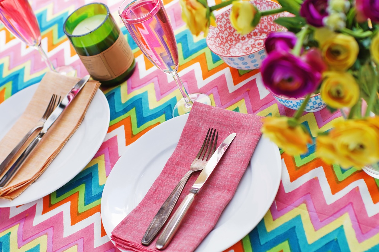 Colorful Table Setting, Vibrant Table Setting, Patterned Tablecloth