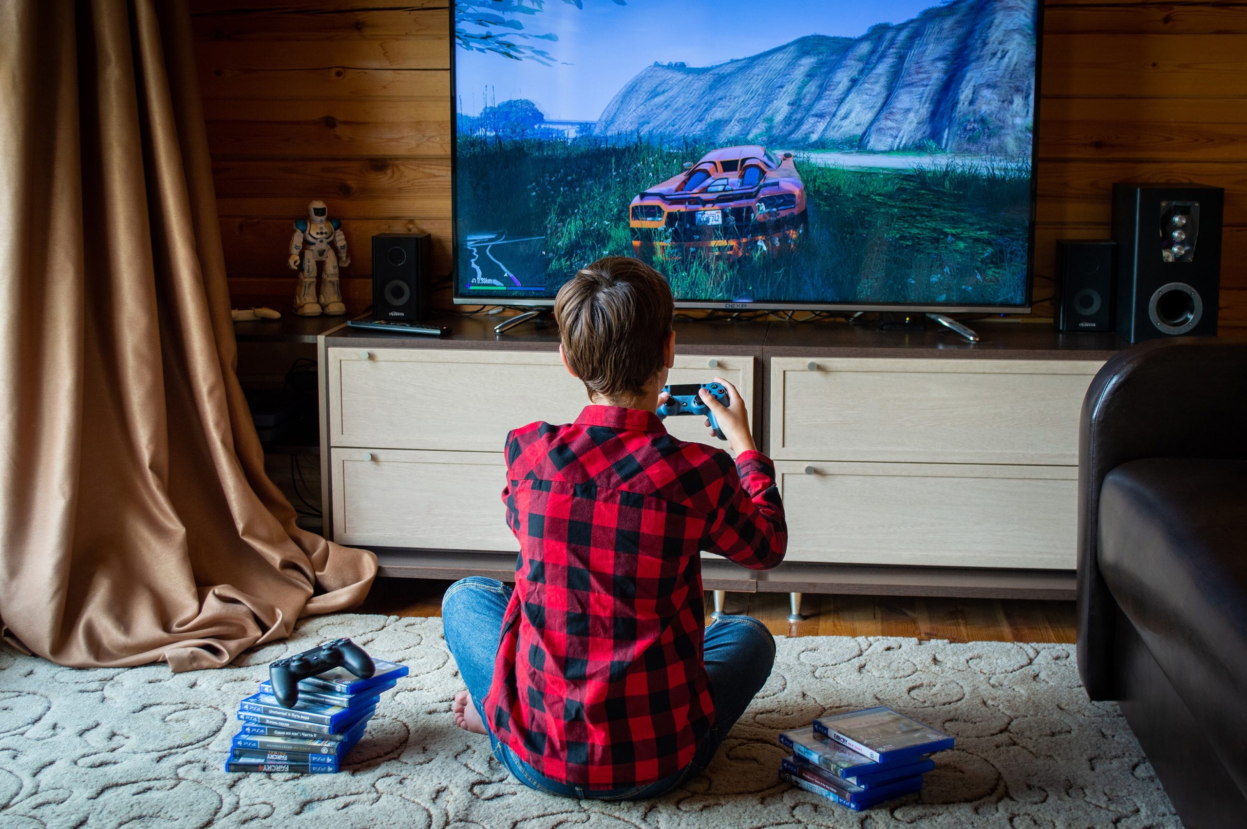 back view of a boy in a red plaid shirt playing a video game