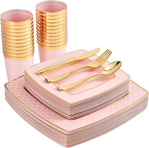 FOCUSLINE 150PCS Pink Plastic Plates