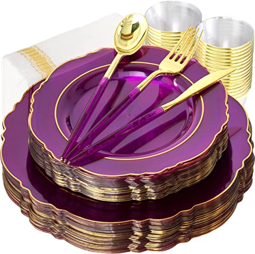 FOMOICA 175 Clear Purple Plastic Plates and Gold Silverware set