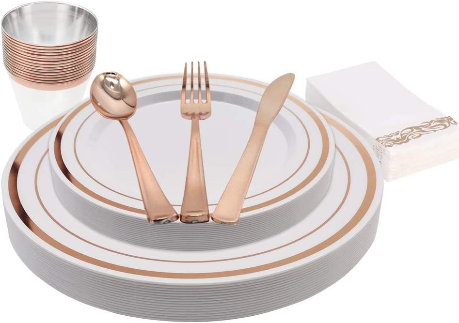 KAPATI 105 Piece Guest Rose Gold Disposable Plastic Dinnerware Set Including 15 Dinner Plates