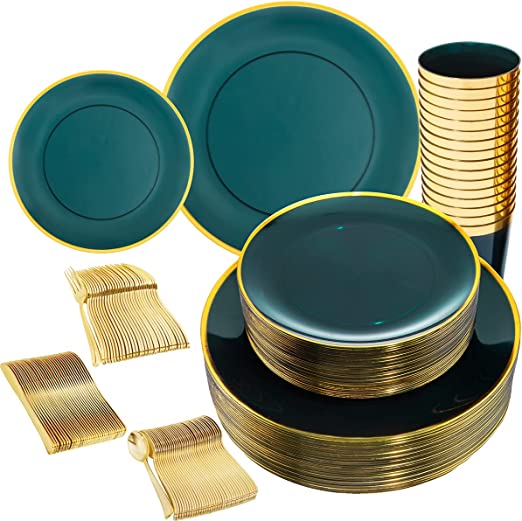 LIYH 180pcs Clear Green Plastic Plates