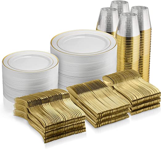 Munfix 600 Piece Gold Dinnerware Set - 100 Gold Rim 10 inch Plastic Plates 100 Gold Rim 7 Inch Plates -300 Gold Plastic Silverware - 100 Gold Plastic Cups - 100 Guest Disposable Gold Dinnerware Set