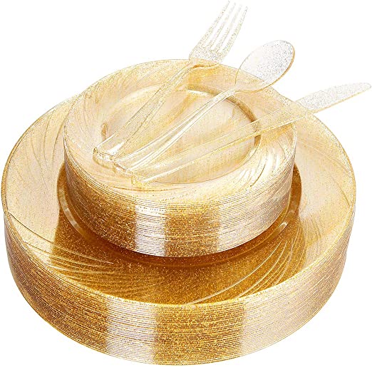 WDF 40Guest Gold Thanksgiving Plates with Disposable Plastic Silverware