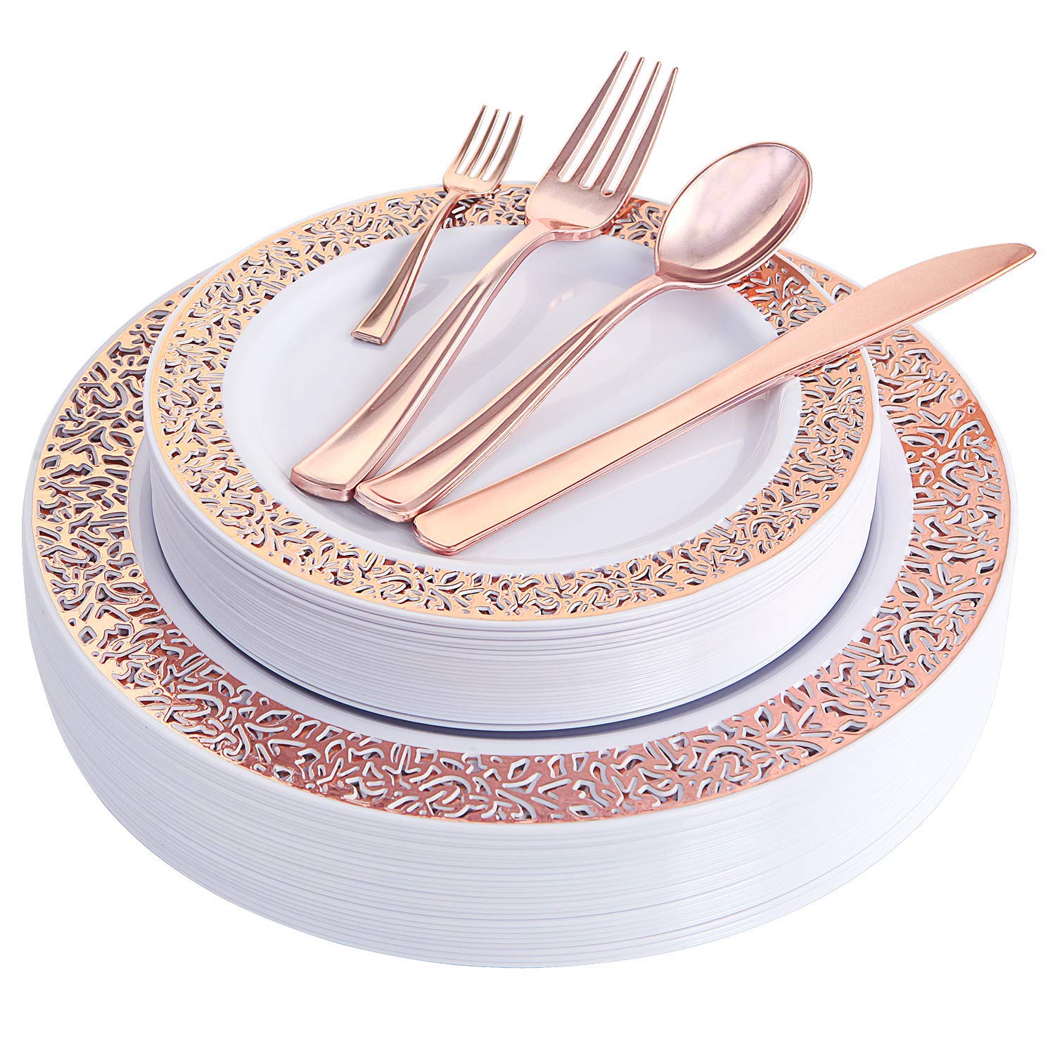 25 Dessert Plates 7.5 Includes: 25 Dinner Plates 10.25 WELLIFE 150 Pcs Rose Gold Plastic Plates with Disposable Rose Gold Silverware 25 Cups 9OZ and 25 Rose Gold Cutlery 