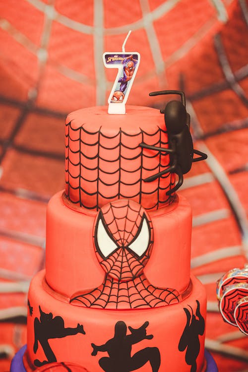 three-tier Spiderman-themed cake