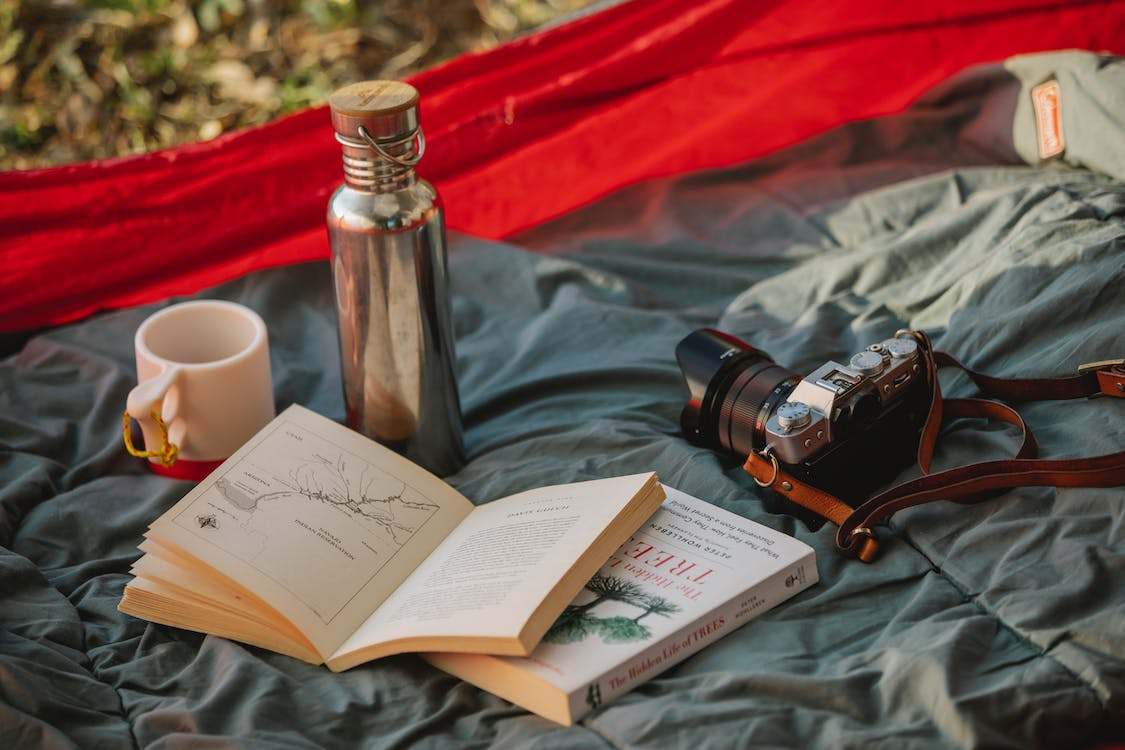 Adventure books in camp tent