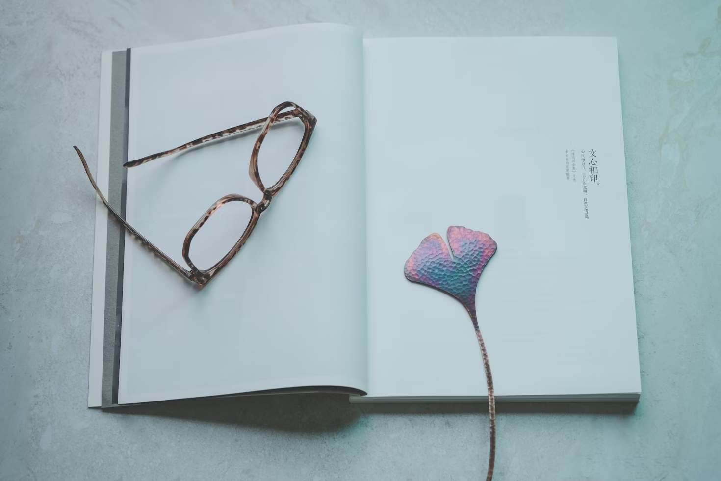 Eyeglasses and bookmark on top of an opened book