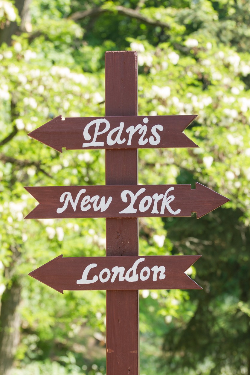 Tablets with direction signs for cities Paris, New York, London